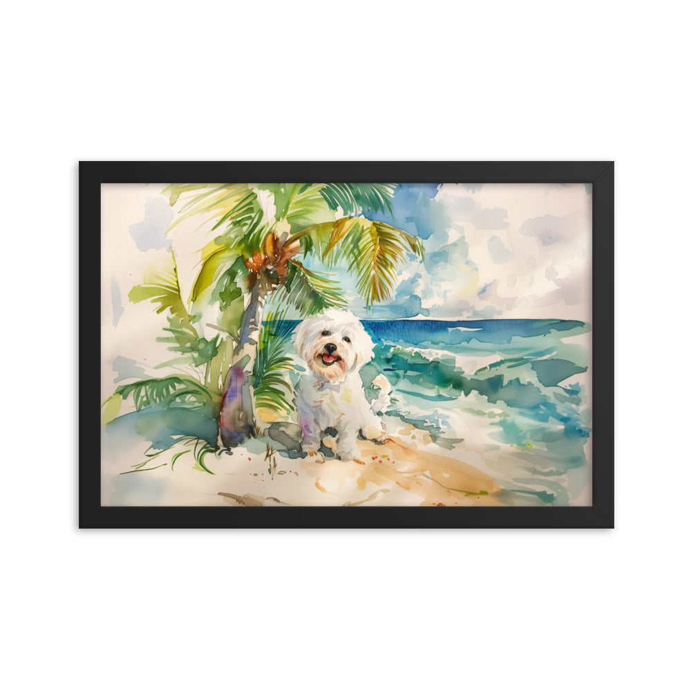 A Coton de Tulear relaxes on an island beach scene.