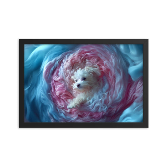 A Coton de Tulear wrapped in a 2D relief of swirling winds.