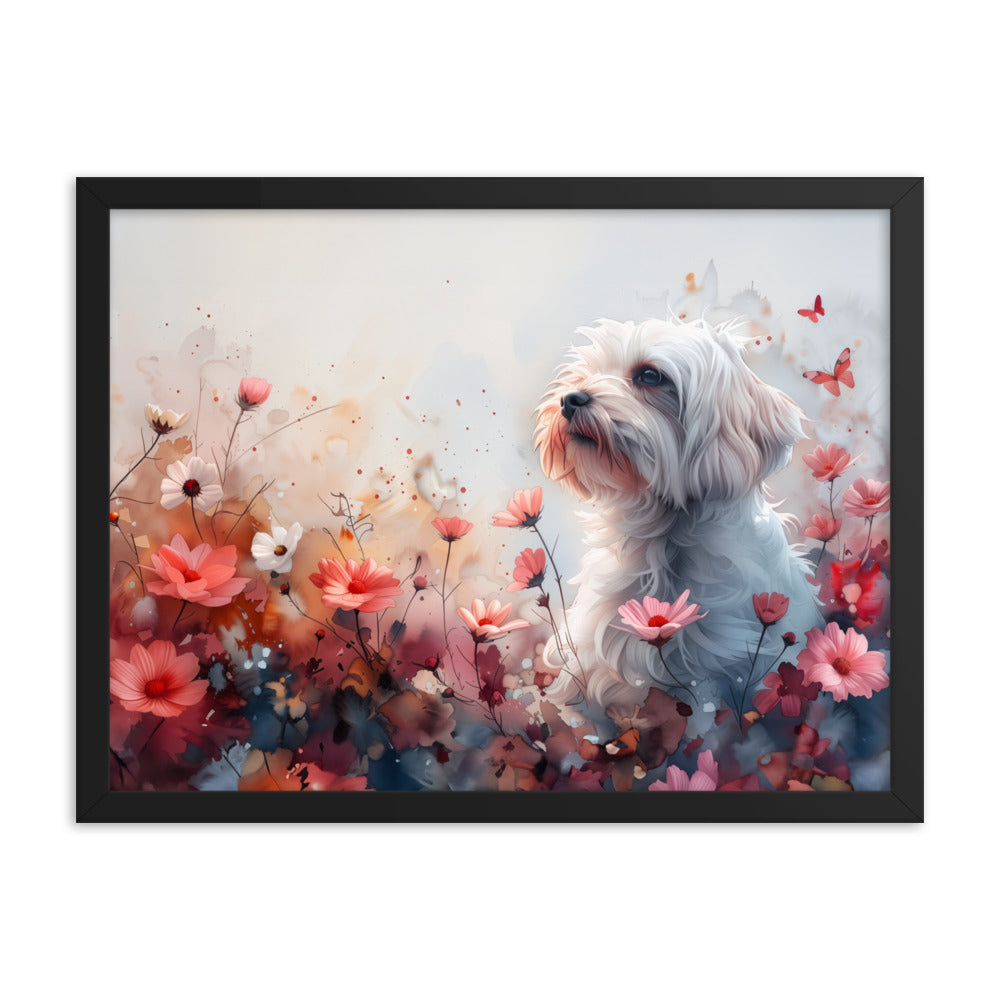 A Coton de Tulear in a field of flowers with butterflies. 