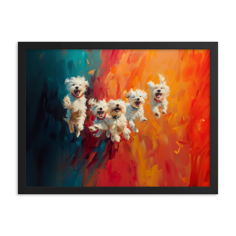 Five coton de Tulear puppies jumping in the air. Oil painting with blue and orange background.