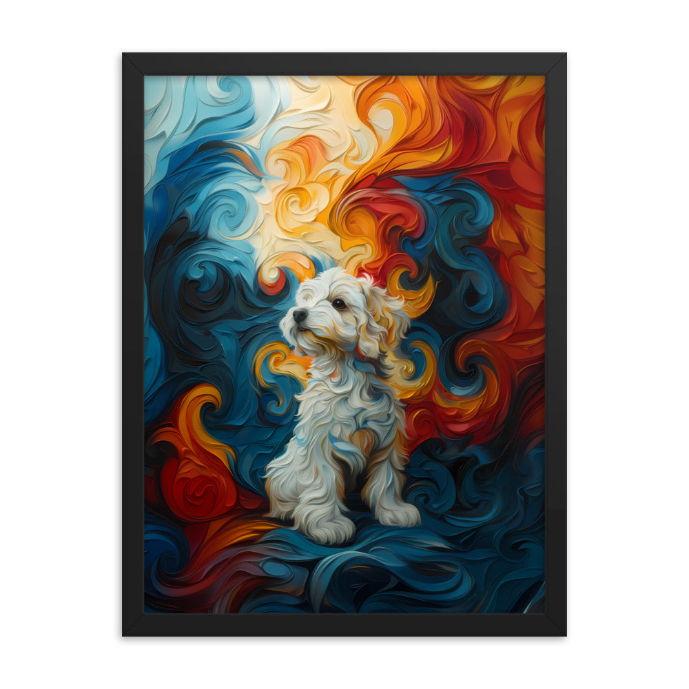 A Coton de Tulear sits in front of a swirling background of color: reds, oranges, yellows and blues.