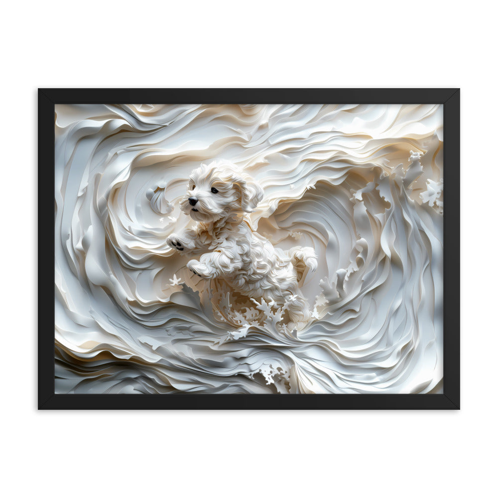 A Coton de Tulear relief with swirling background, all white. 