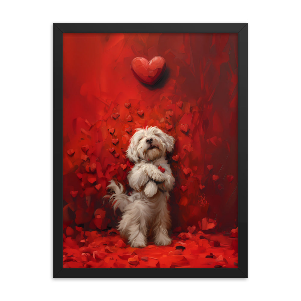 A Coton De Tulear dog stands cuddling hearts that surround him