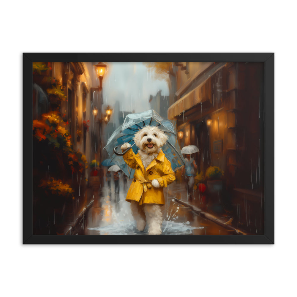 A Coton de Tulear walks down a rainy street upright wearing a yellow rain coat and umbrella.