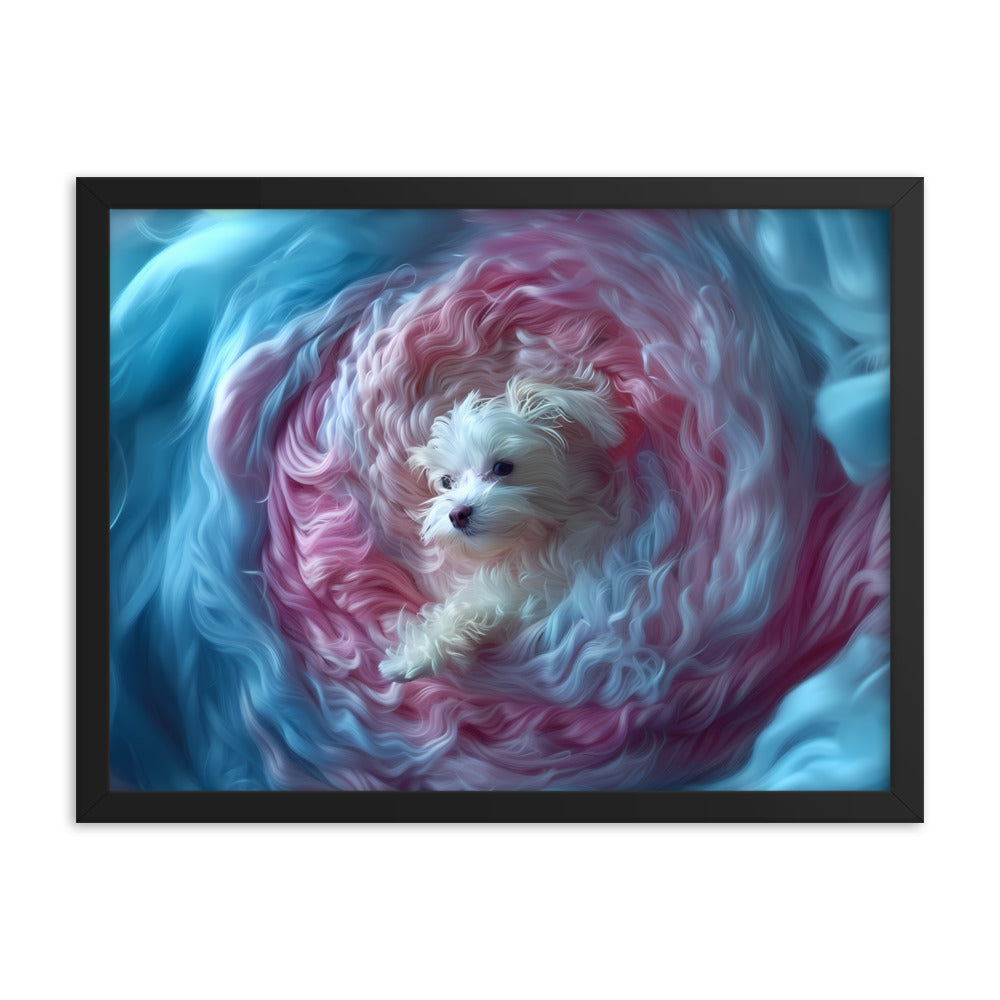 A Coton de Tulear wrapped in a 2D relief of swirling winds.