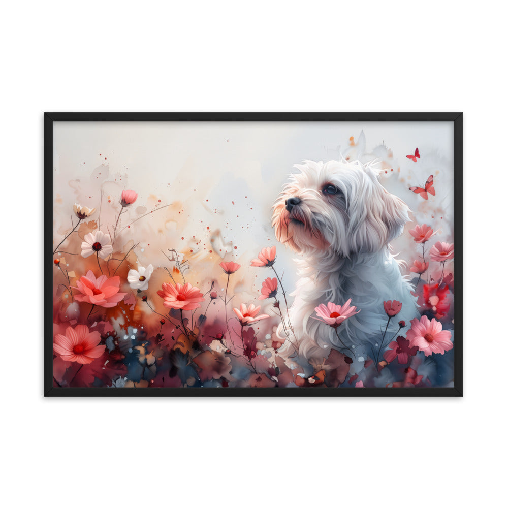 A Coton de Tulear in a field of flowers with butterflies. 