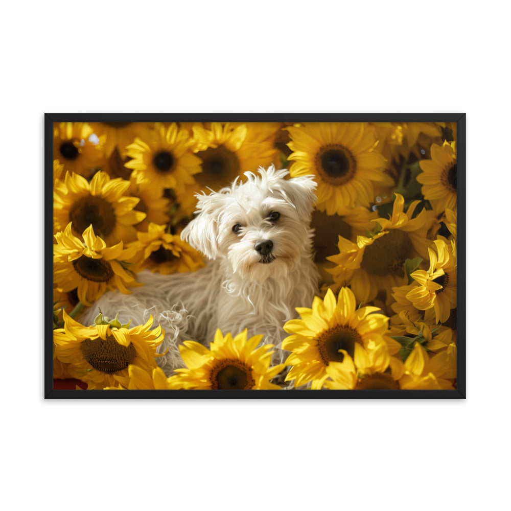 A Coton De Tulear dog nestled among vibrant sunflowers in a framed canvas art piece.