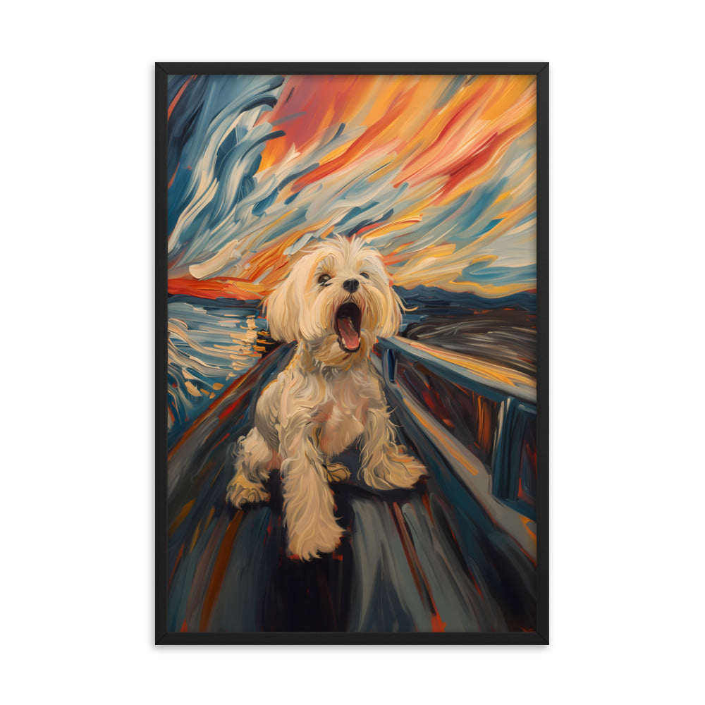 A Coton de Tulear howls in a parody painting of The Scream.