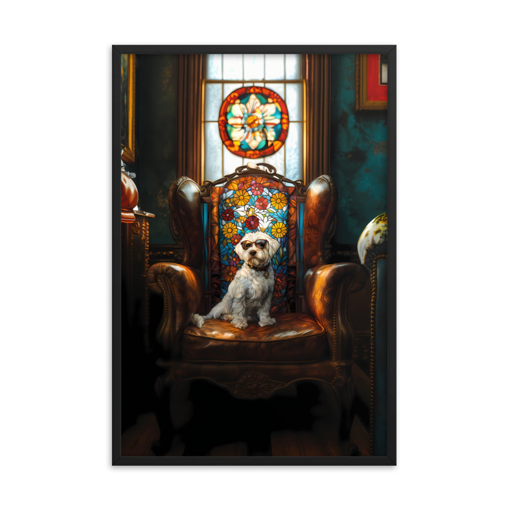 A Chic Coton de Tulear sits on a brown leather couch in a library with stained glass window.