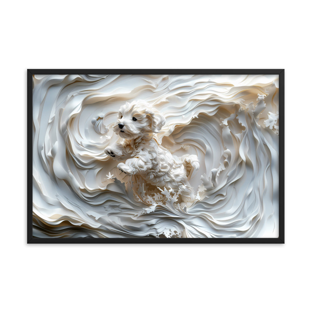 A Coton de Tulear relief with swirling background, all white. 