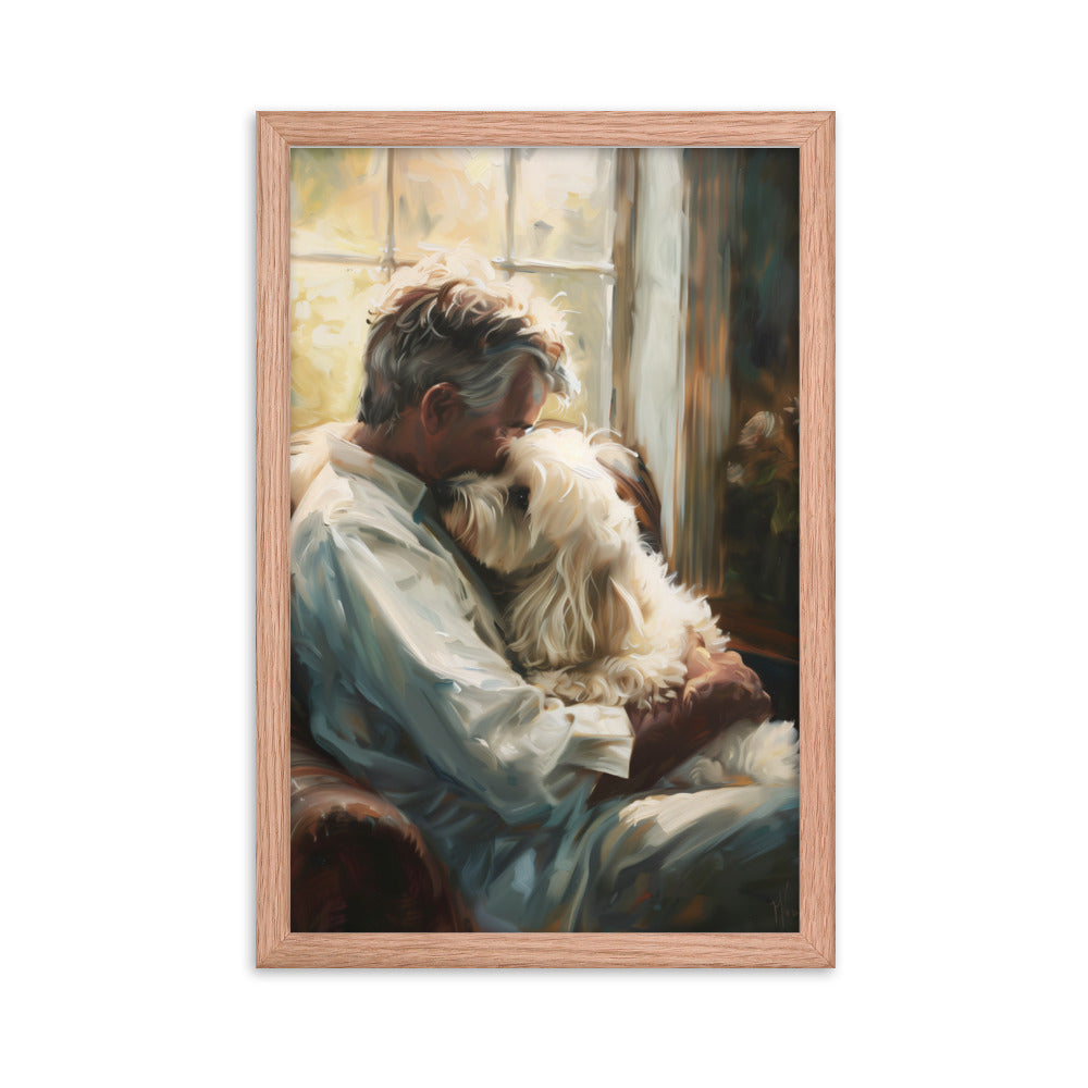 Man holds his Coton De Tulear dog sitting on a chair in a study