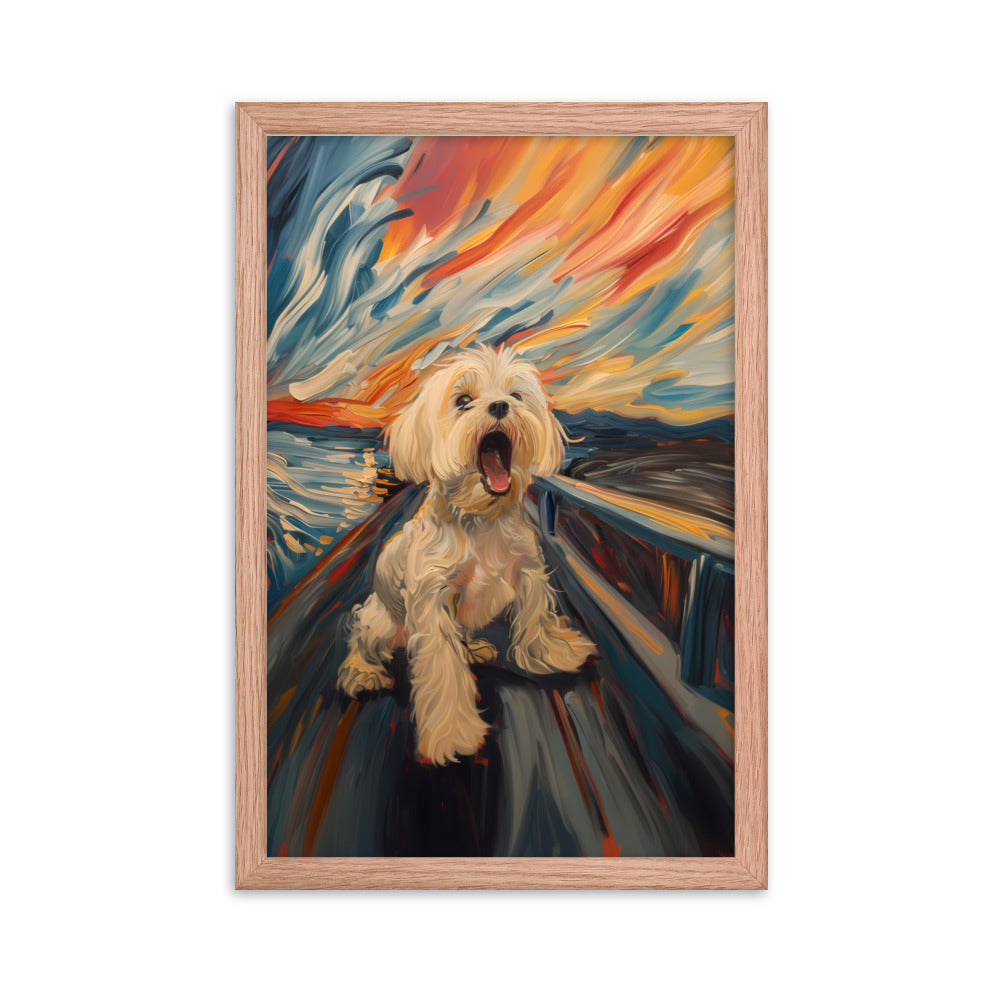 A Coton de Tulear howls in a parody painting of The Scream.