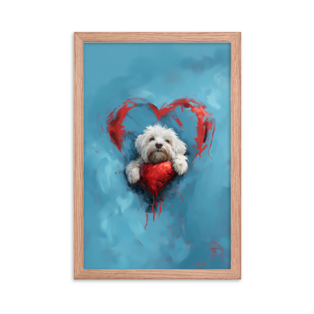 A Coton de Tulear sits on a red heart, surrounded by a red heart on a blue background. 