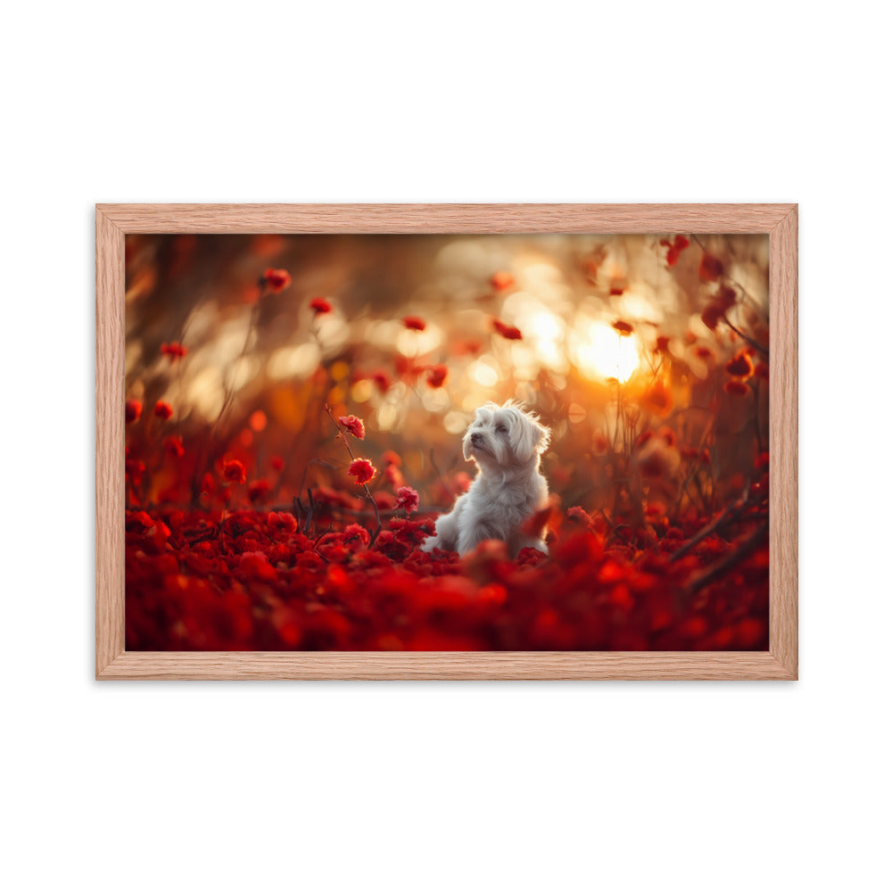 A Coton De Tulear dog sits in among red flowers at sunset