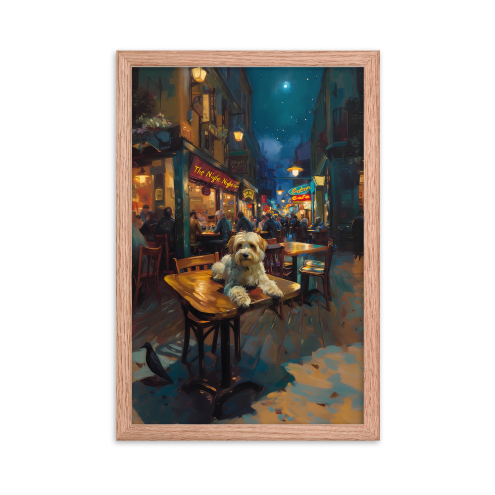 A Coton De Tulear dog at a cafe in Van Gogh’s Cafe street