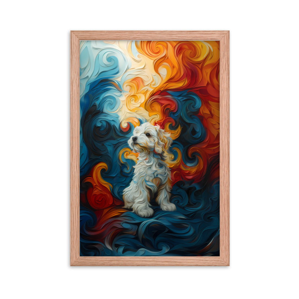 A Coton de Tulear sits in front of a swirling background of color: reds, oranges, yellows and blues.