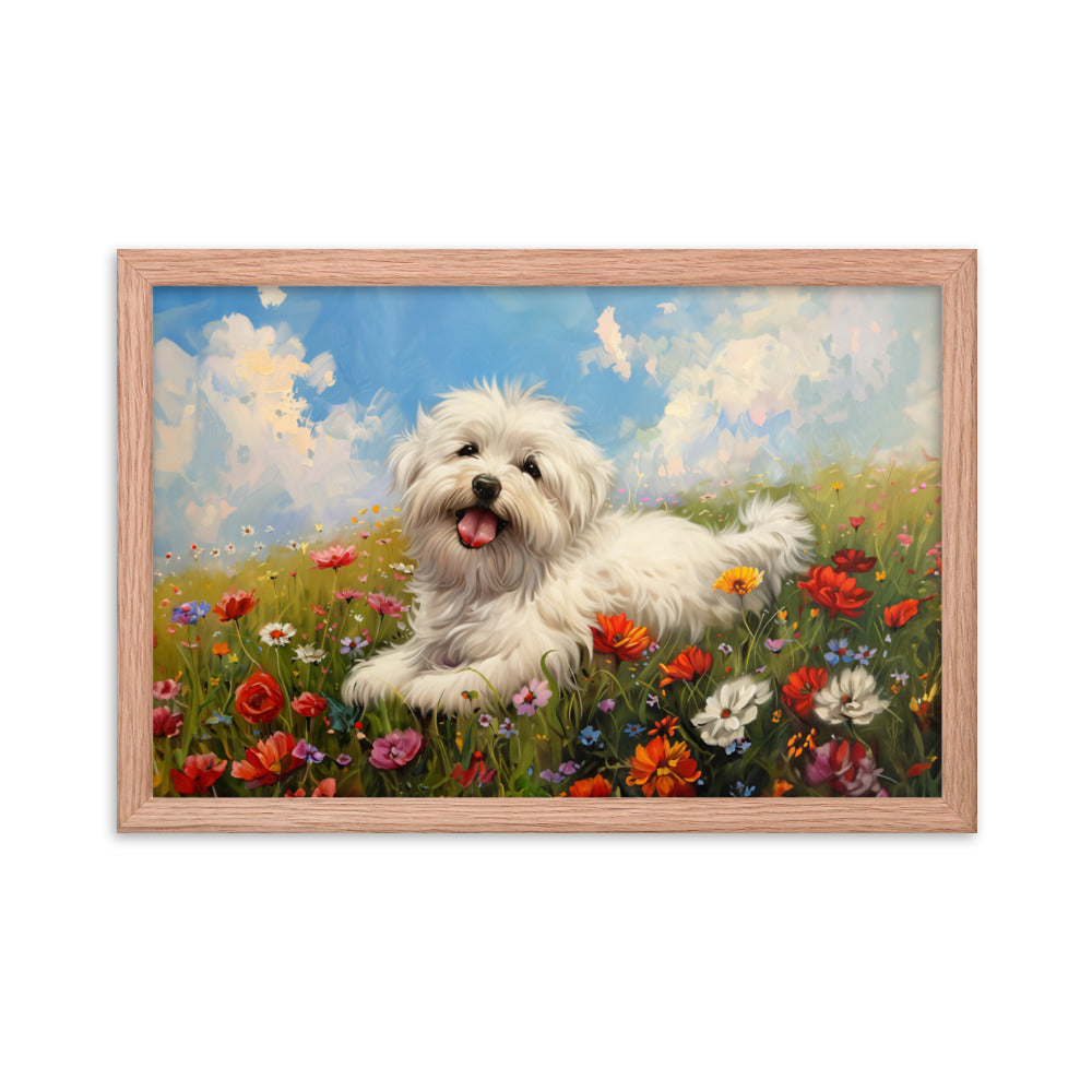 A happy coton de tulear sits on a grass hill with wildflowers.