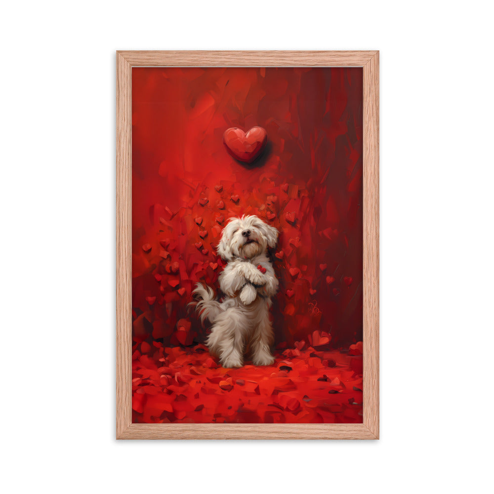 A Coton De Tulear dog stands cuddling hearts that surround him