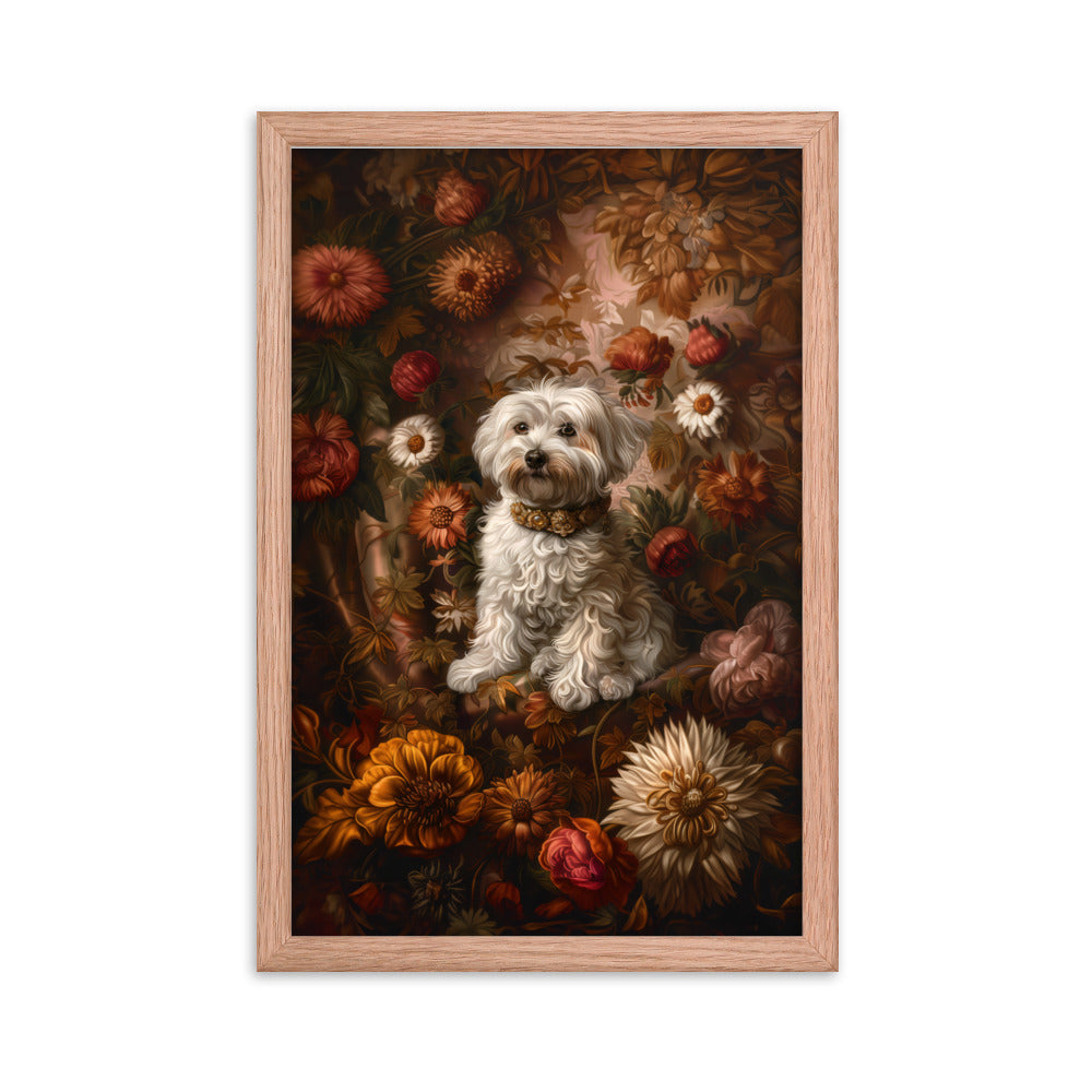 A Coton De Tulear dog featured in a Renaissance Painting with floral background