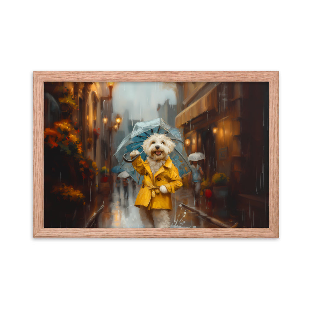 A Coton de Tulear walks down a rainy street upright wearing a yellow rain coat and umbrella.