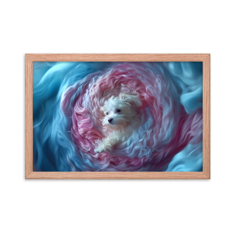 A Coton de Tulear wrapped in a 2D relief of swirling winds.