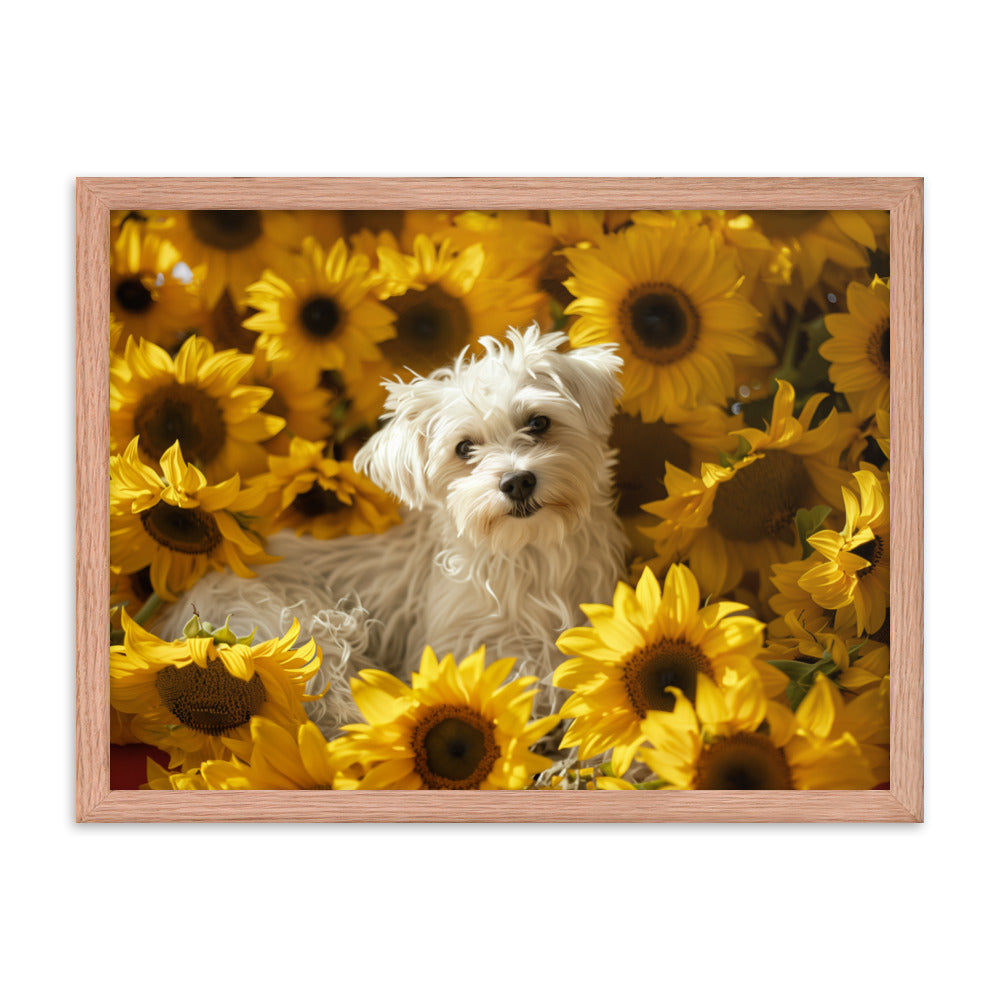 A Coton De Tulear dog nestled among vibrant sunflowers in a framed canvas art piece.