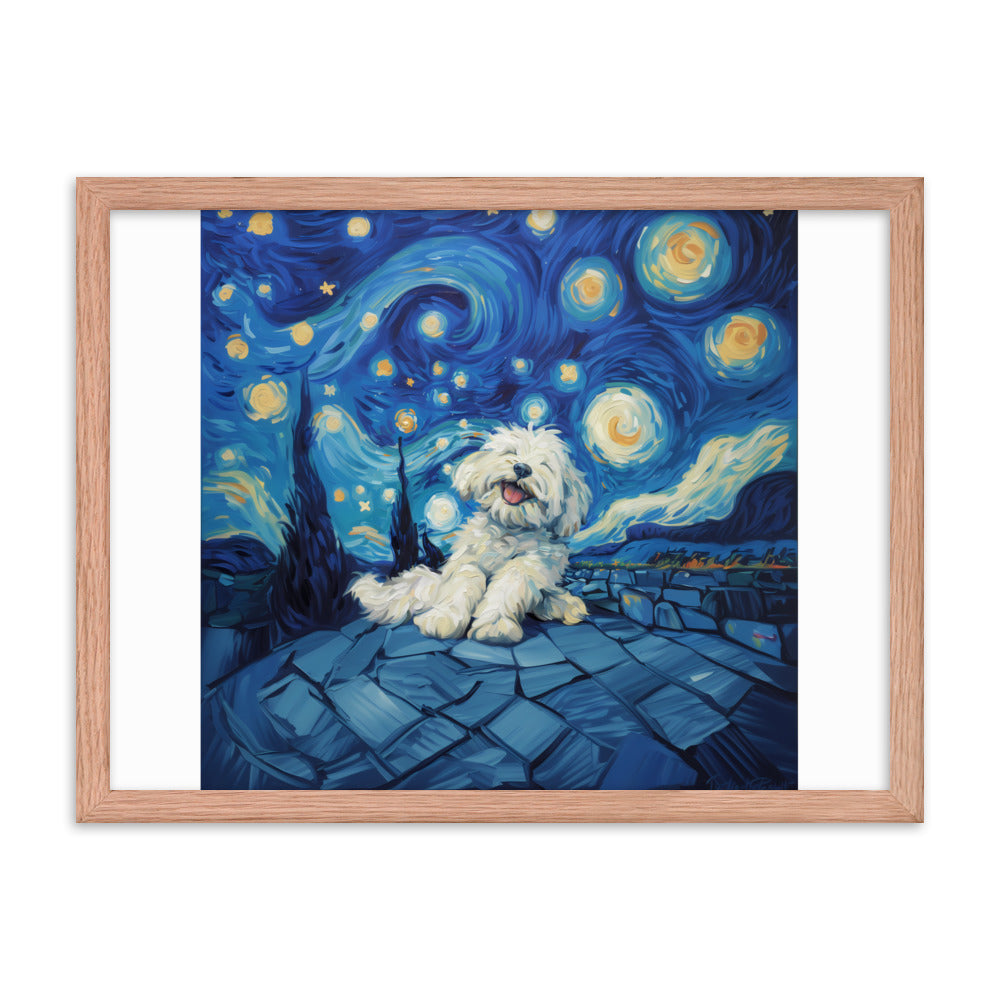 Van Gogh's Starry Night with a Happy Coton de Tulear.