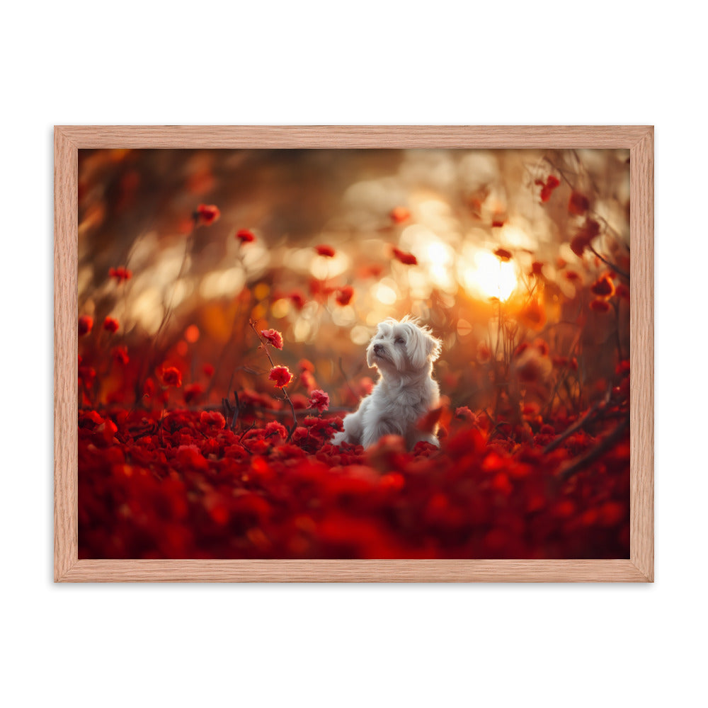 A Coton De Tulear dog sits in among red flowers at sunset