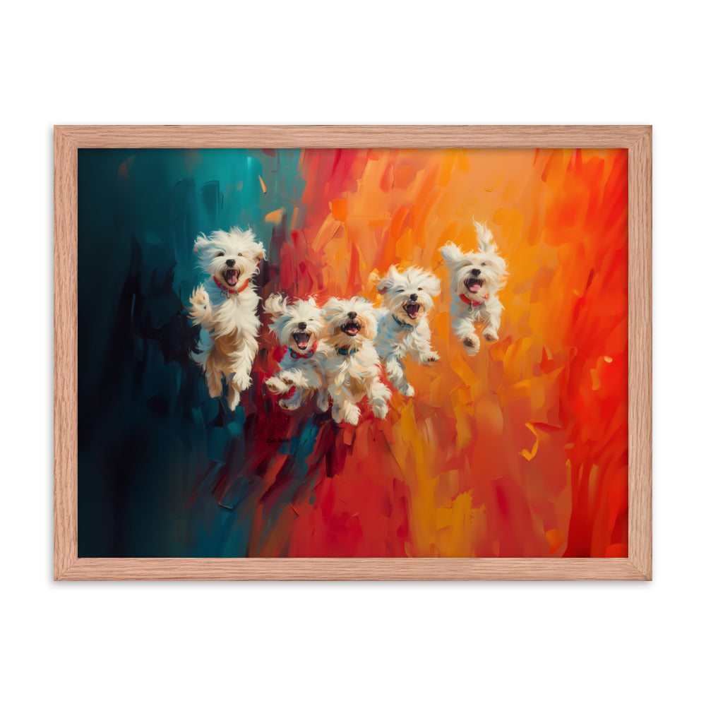 Five coton de Tulear puppies jumping in the air. Oil painting with blue and orange background.