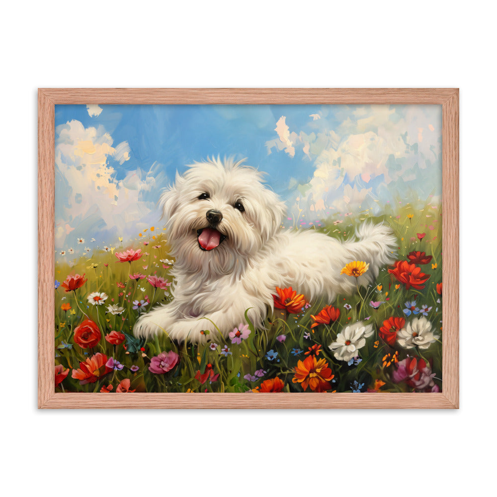 A happy coton de tulear sits on a grass hill with wildflowers.