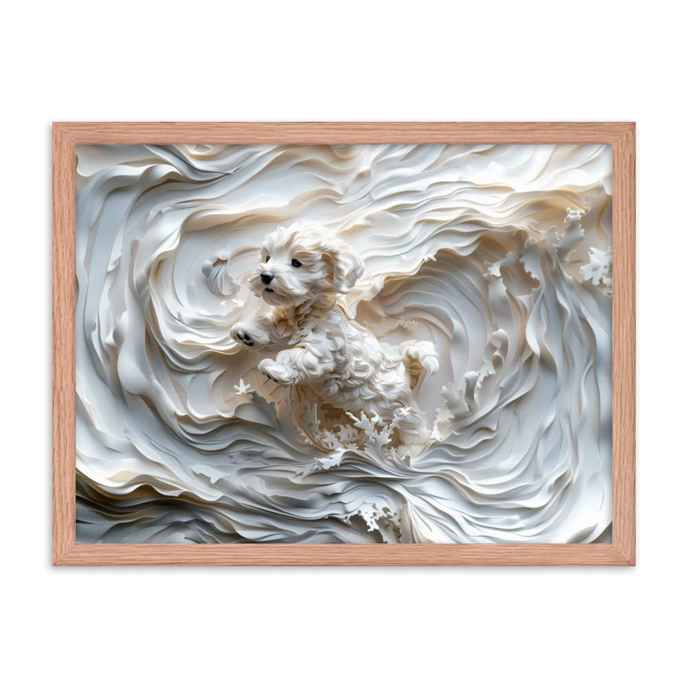 A Coton de Tulear relief with swirling background, all white. 