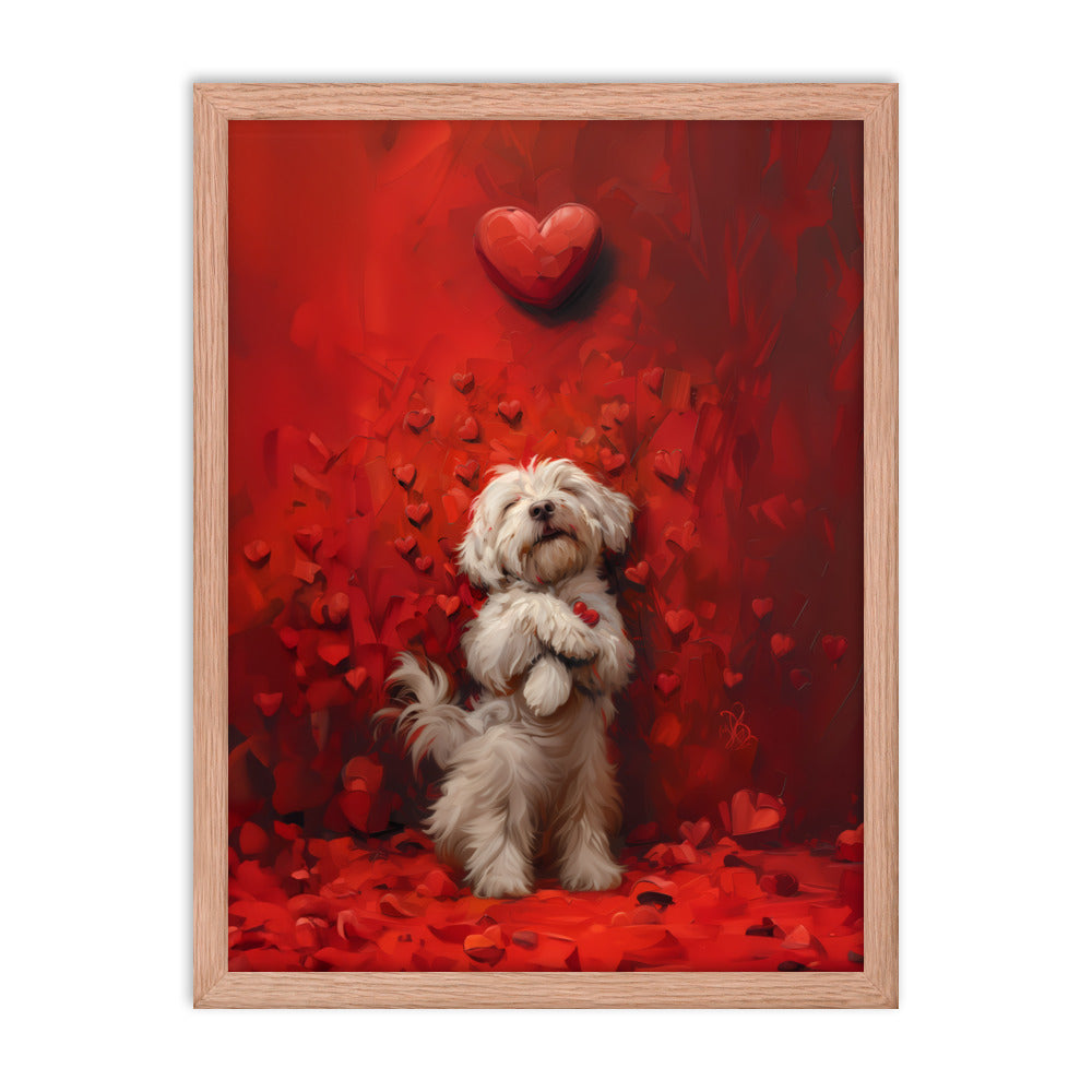 A Coton De Tulear dog stands cuddling hearts that surround him