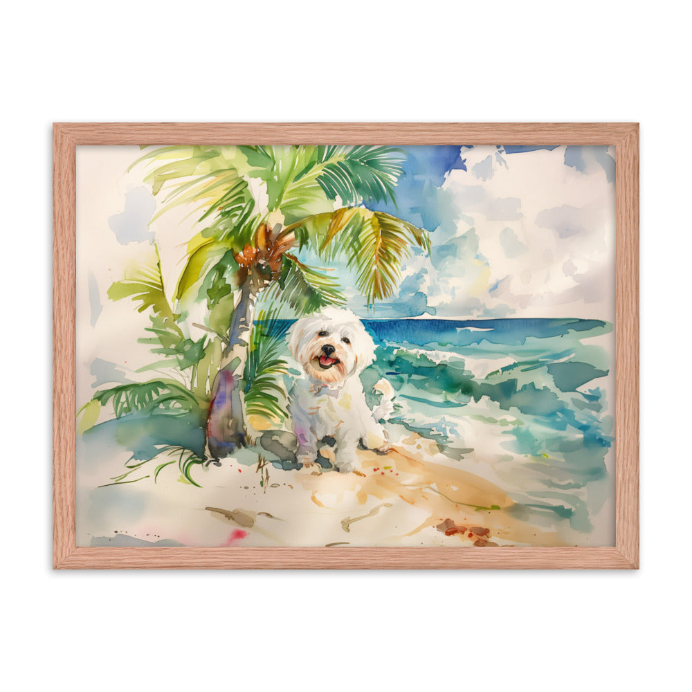 A Coton de Tulear relaxes on an island beach scene.