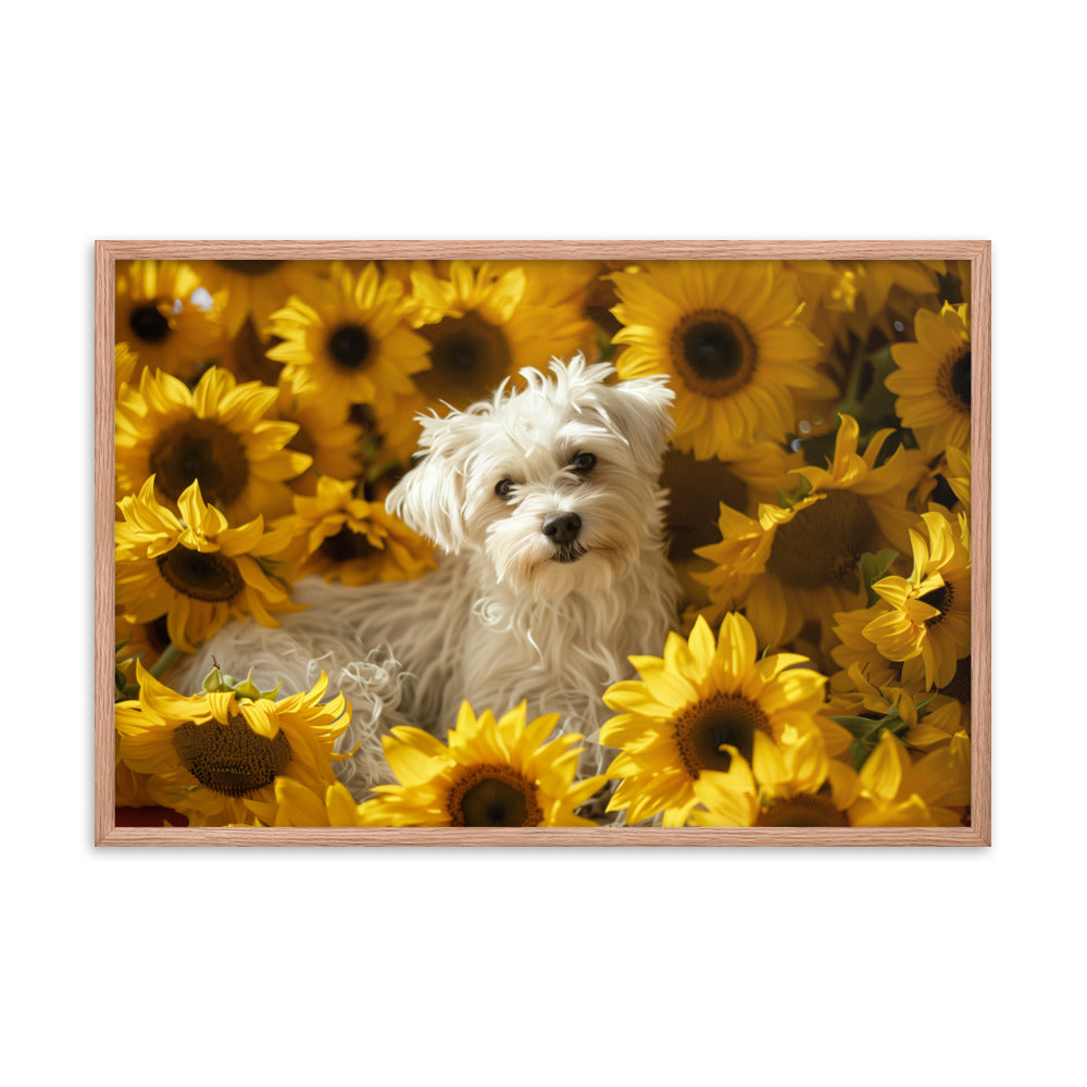 A Coton De Tulear dog nestled among vibrant sunflowers in a framed canvas art piece.