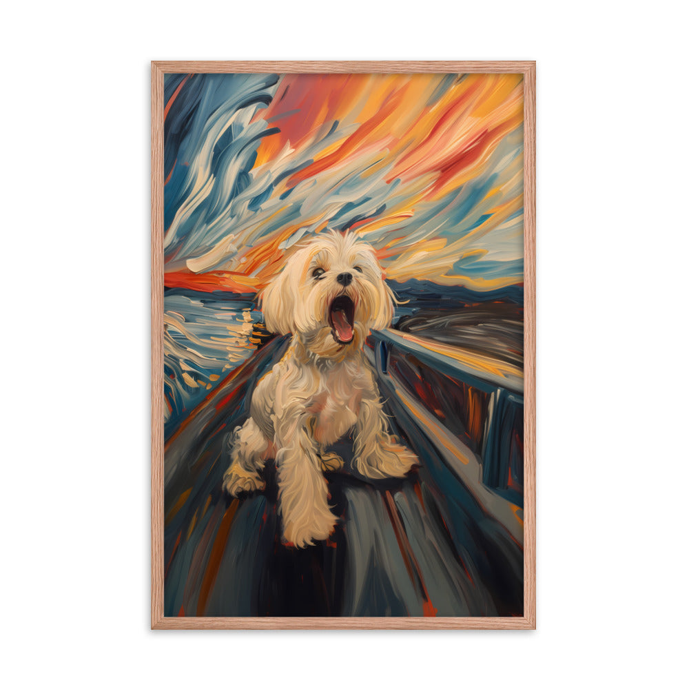 A Coton de Tulear howls in a parody painting of The Scream.