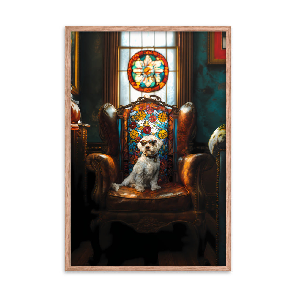 A Chic Coton de Tulear sits on a brown leather couch in a library with stained glass window.