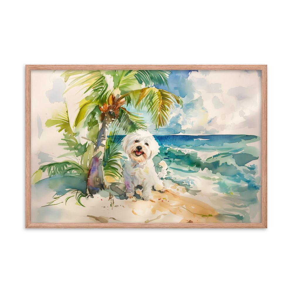 A Coton de Tulear relaxes on an island beach scene.