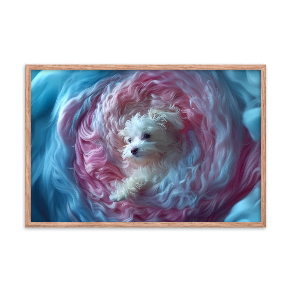 A Coton de Tulear wrapped in a 2D relief of swirling winds.