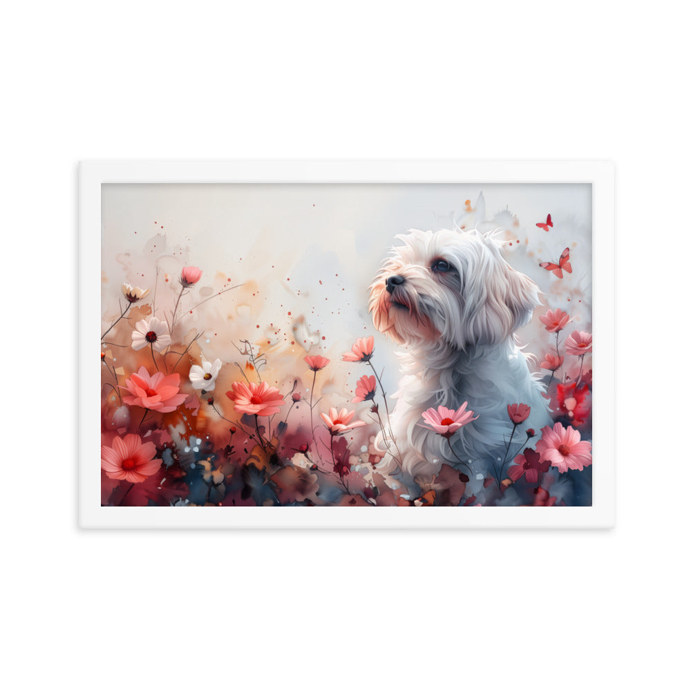 A Coton de Tulear in a field of flowers with butterflies. 