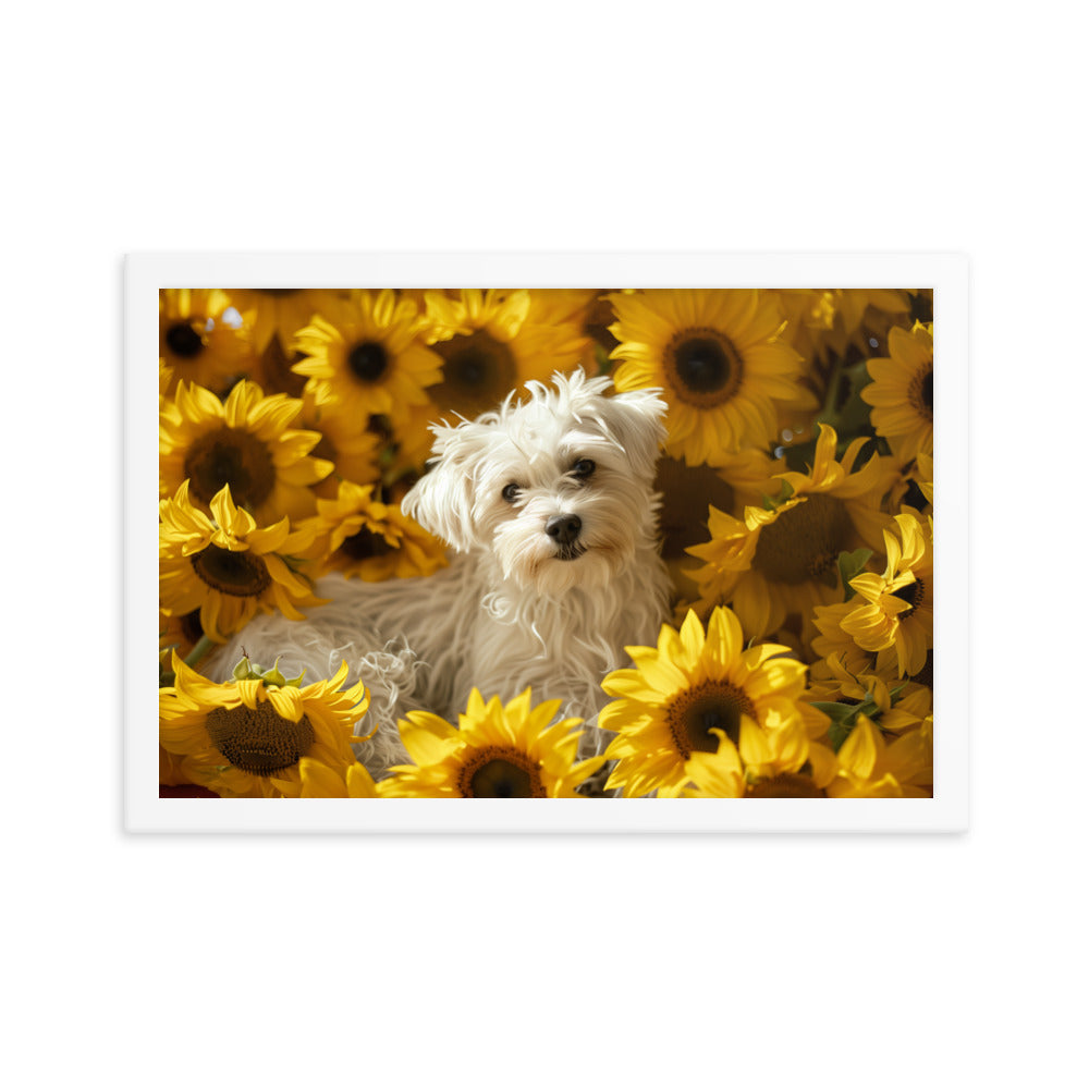 A Coton De Tulear dog nestled among vibrant sunflowers in a framed canvas art piece.