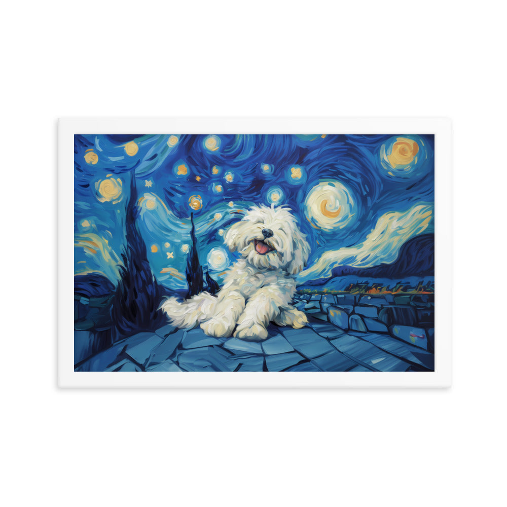 Van Gogh's Starry Night with a Happy Coton de Tulear.