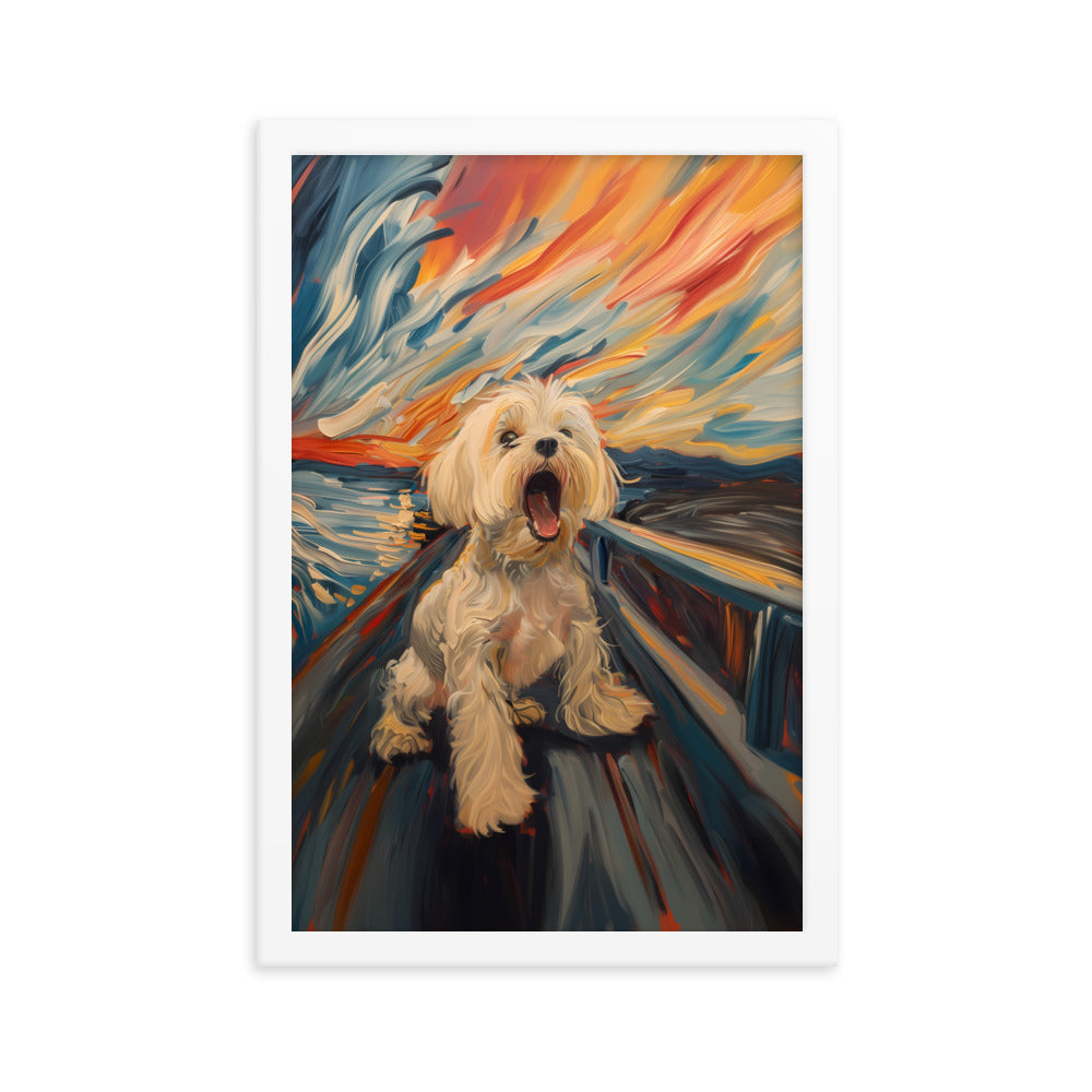 A Coton de Tulear howls in a parody painting of The Scream.