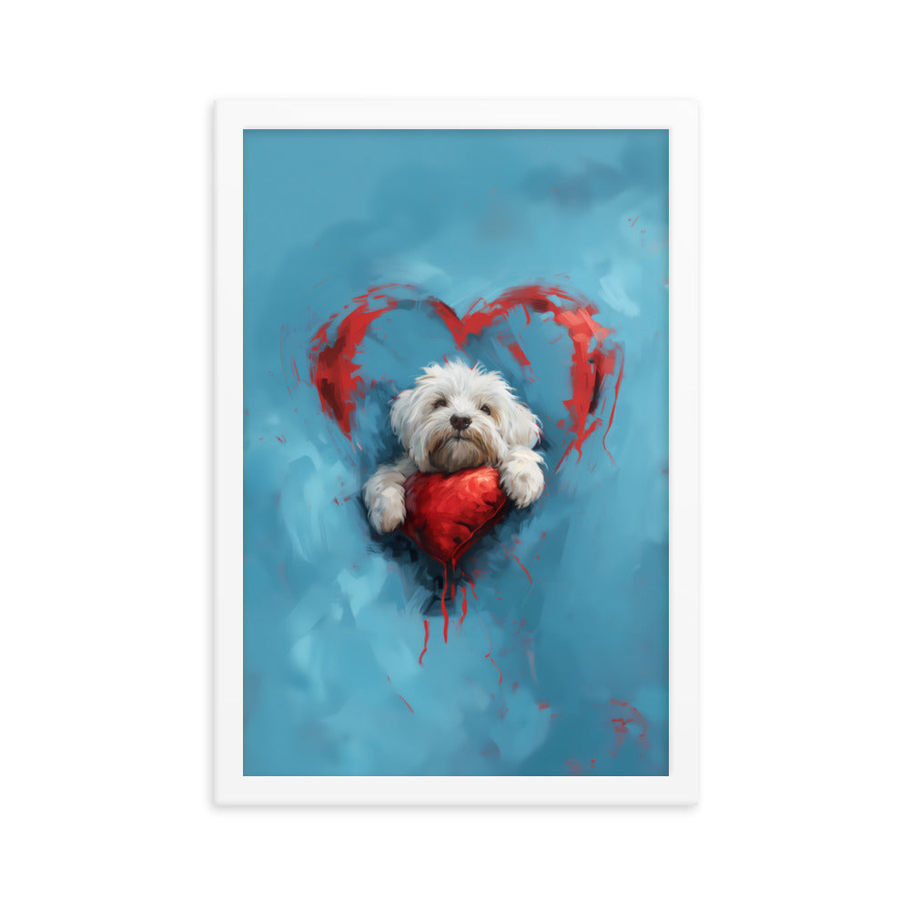 A Coton de Tulear sits on a red heart, surrounded by a red heart on a blue background. 