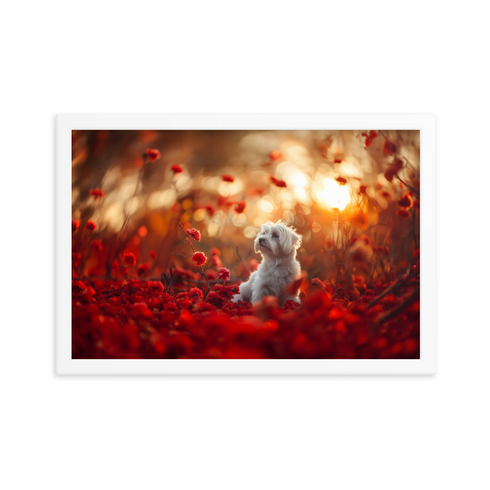 A Coton De Tulear dog sits in among red flowers at sunset