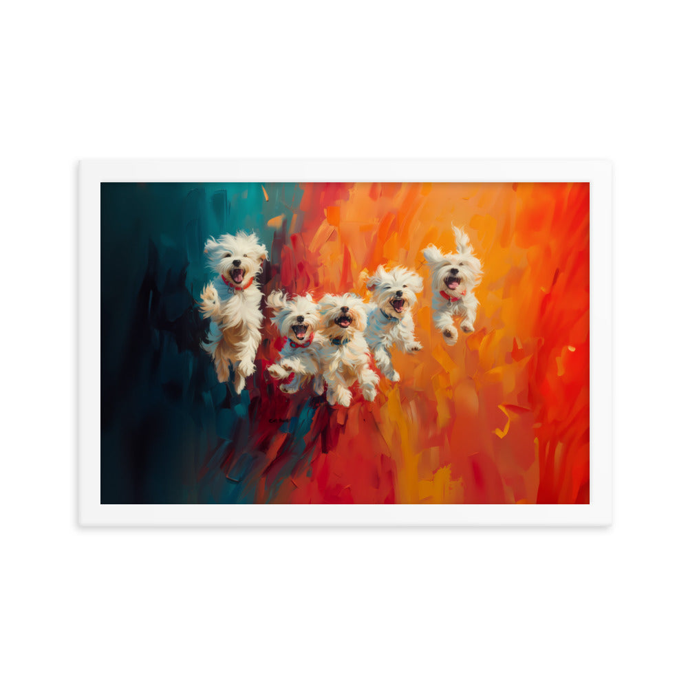 Five coton de Tulear puppies jumping in the air. Oil painting with blue and orange background.