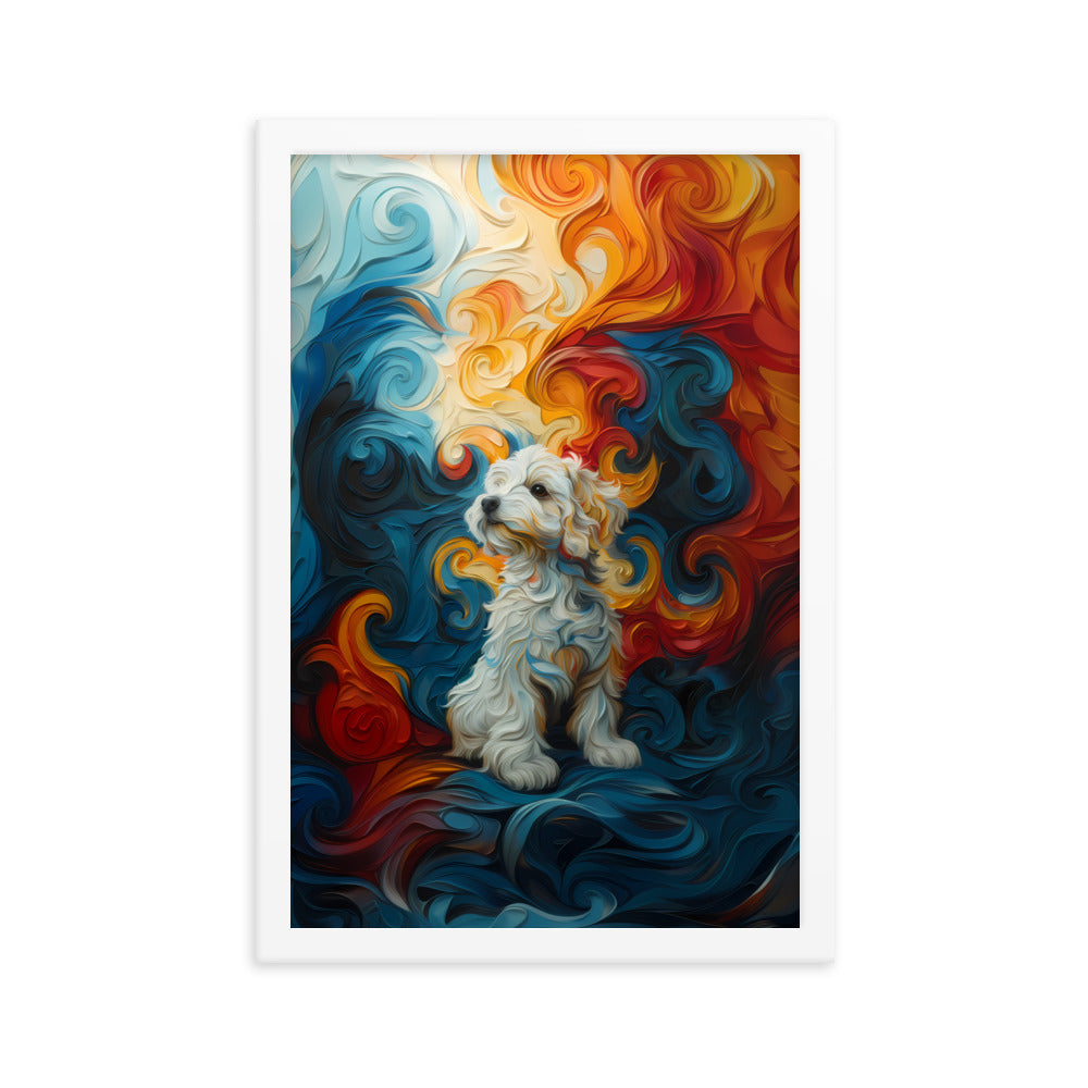 A Coton de Tulear sits in front of a swirling background of color: reds, oranges, yellows and blues.