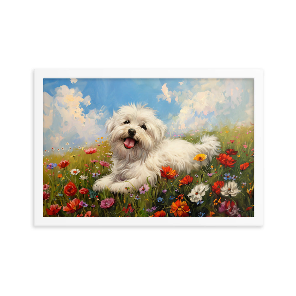 A happy coton de tulear sits on a grass hill with wildflowers.