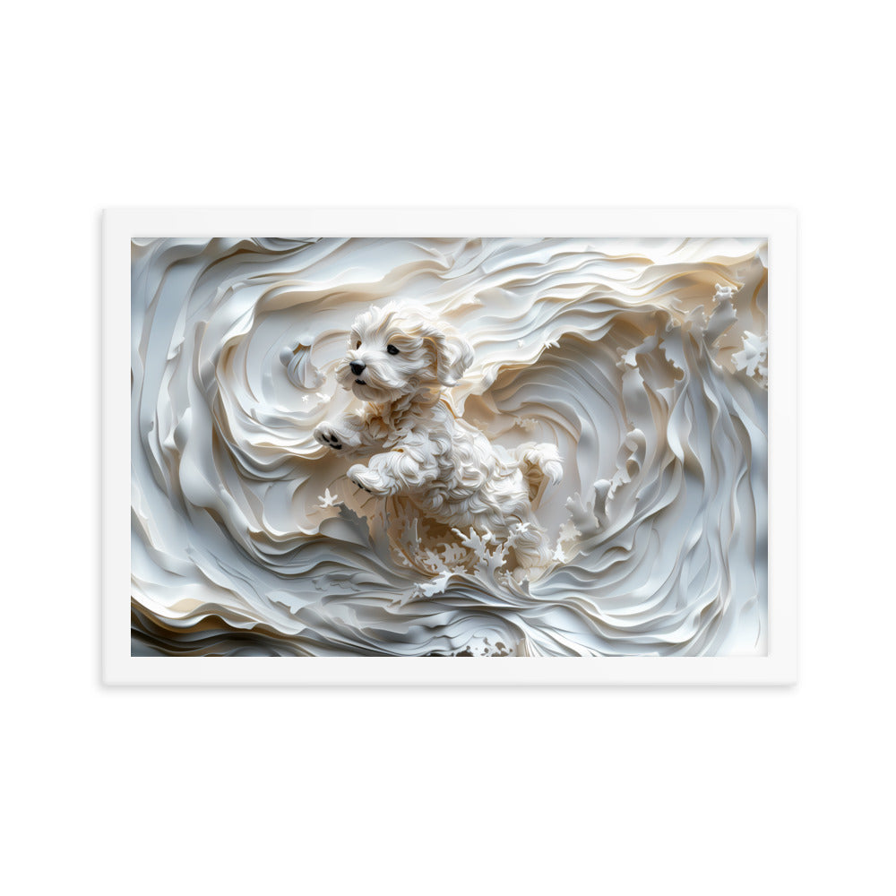 A Coton de Tulear relief with swirling background, all white. 