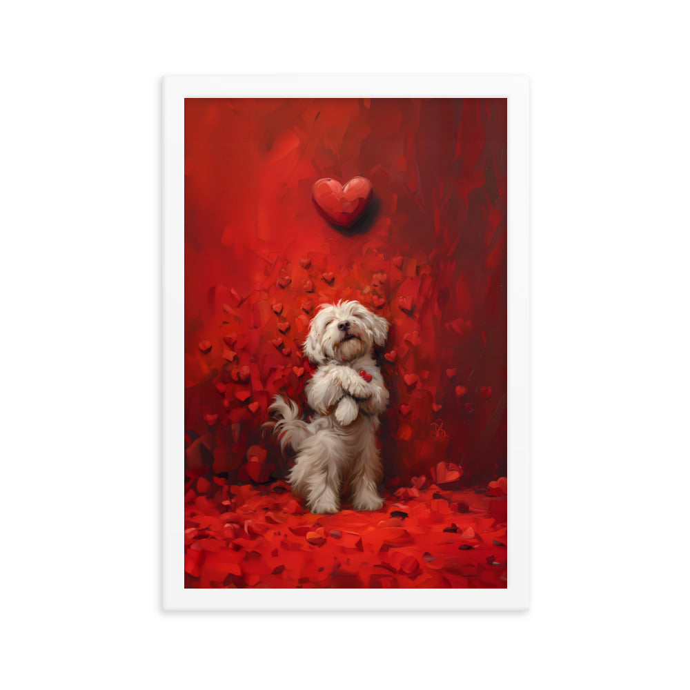 A Coton De Tulear dog stands cuddling hearts that surround him