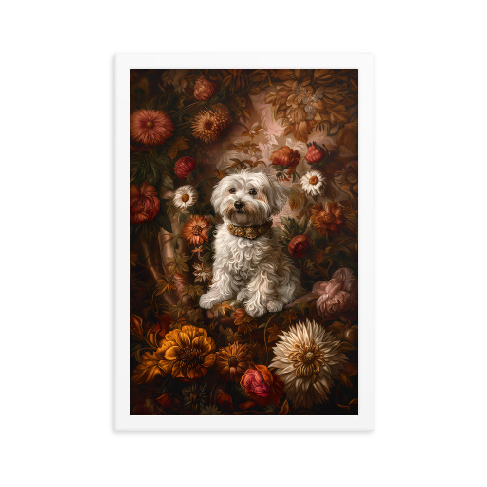 A Coton De Tulear dog featured in a Renaissance Painting with floral background